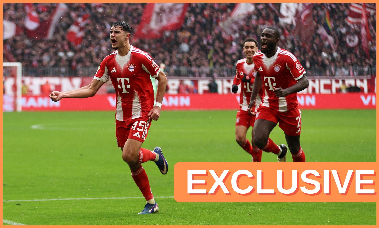 Aleksandar Pavlovic celebrates a goal for Bayern Munich