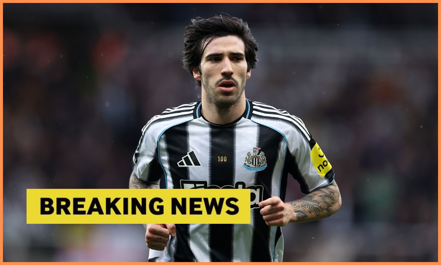 Sandro Tonali of Newcastle, plus 'breaking news' banner