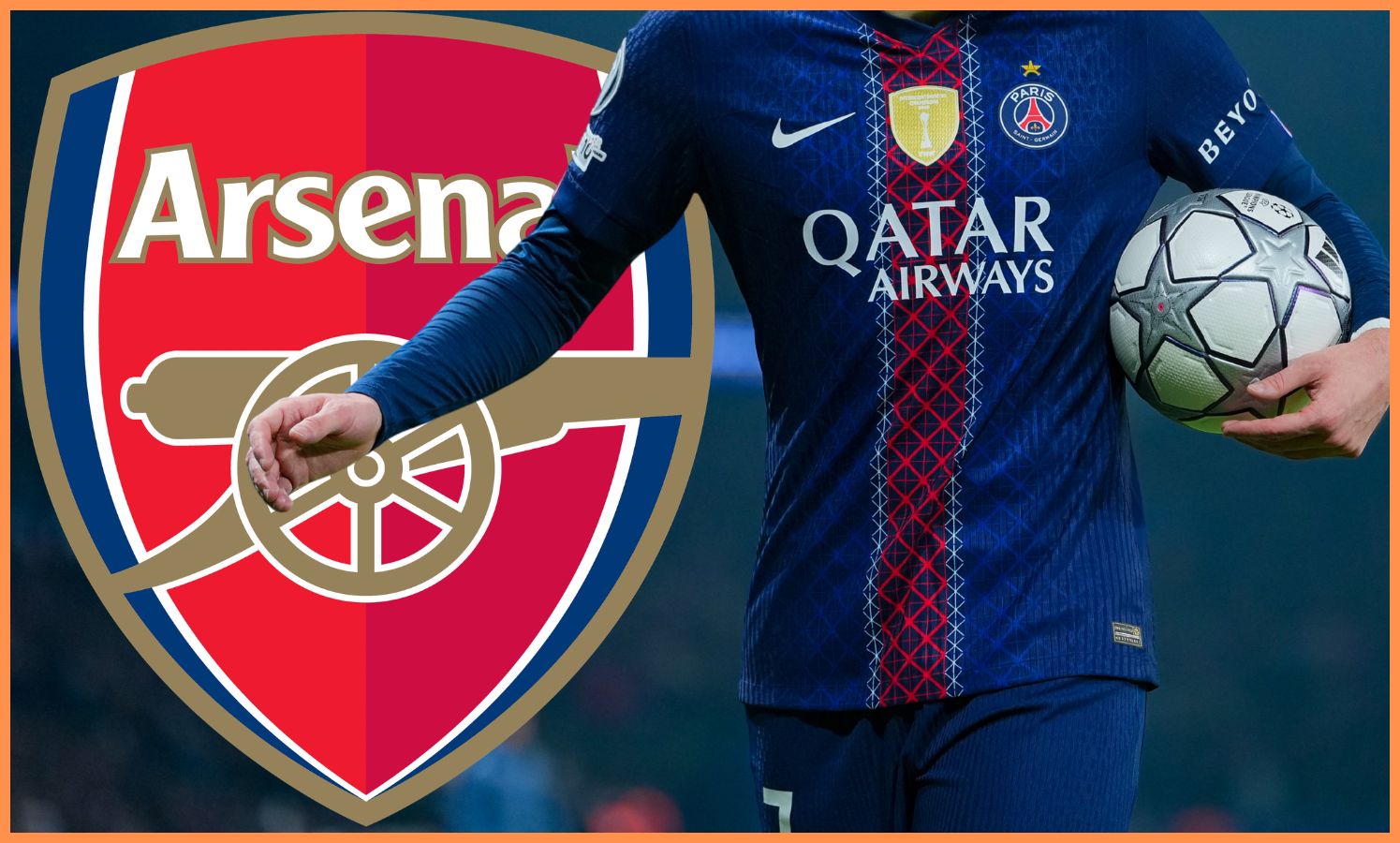 Khvicha Kvaratskhelia in action for PSG, and Arsenal FC logo