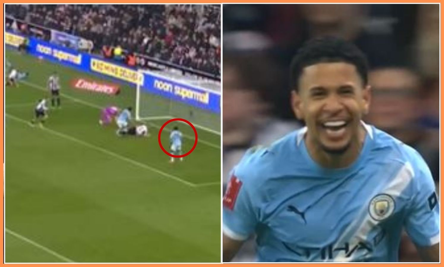 Savinho scores and celebrates during Manchester City's FA Cup clash vs Newcastle