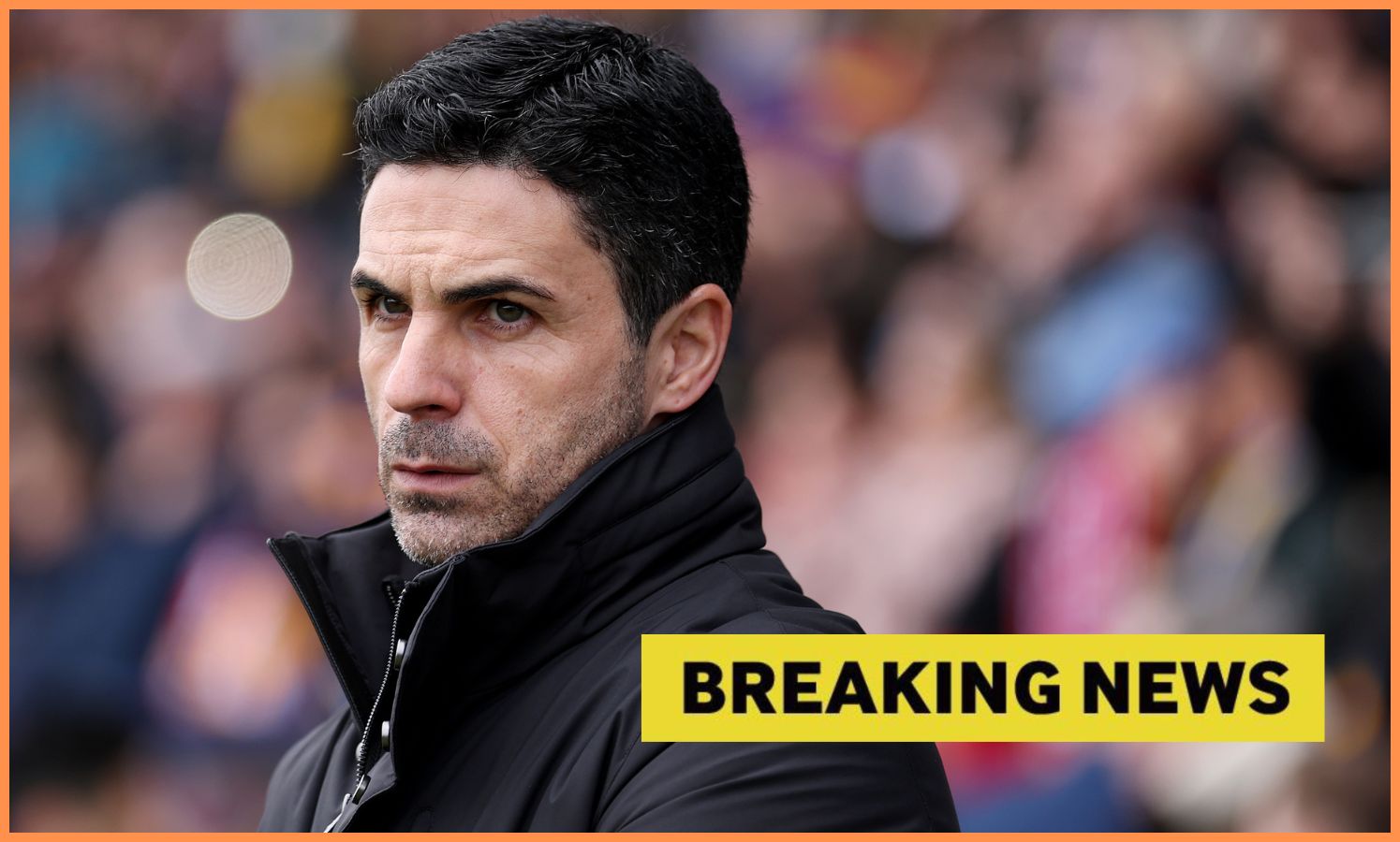 Arsenal manager Mikel Arteta looks on, plus 'breaking news' banner