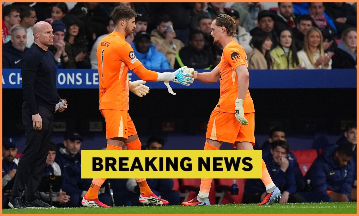 Antonin Kinsky leaves the pitch after being subbed off during Tottenham's defeat vs Atletico Madrid