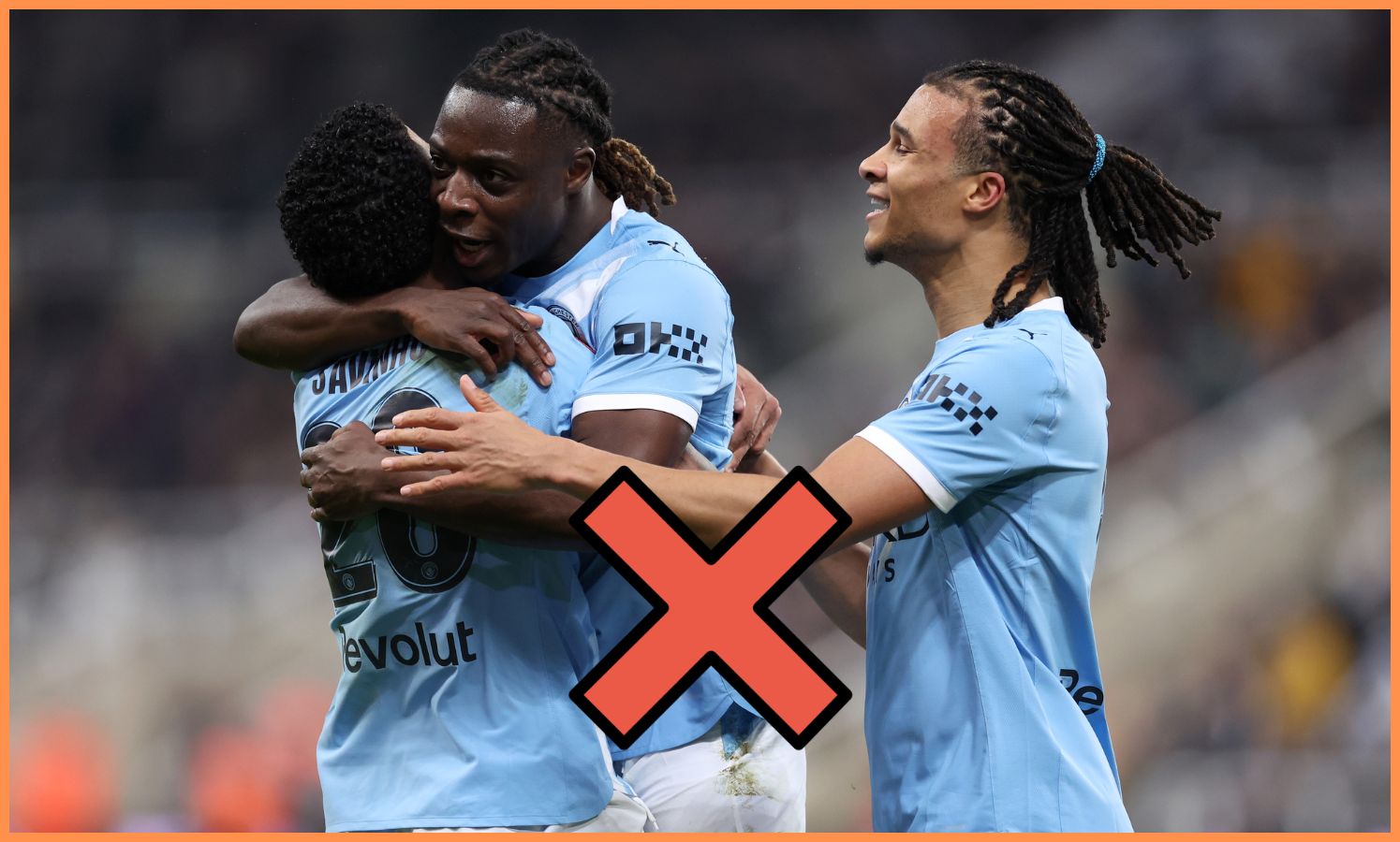 Jeremy Doku celebrates with his Manchester City teammates