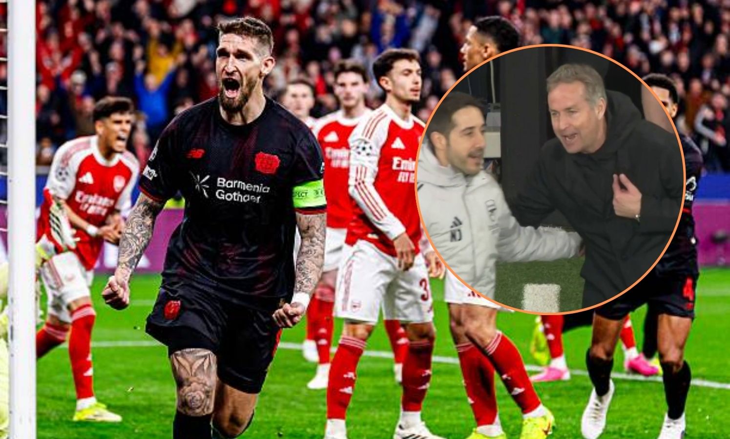 Robert Andrich celebrating goal with overlay of Bayer Leverkusen manager's reaction