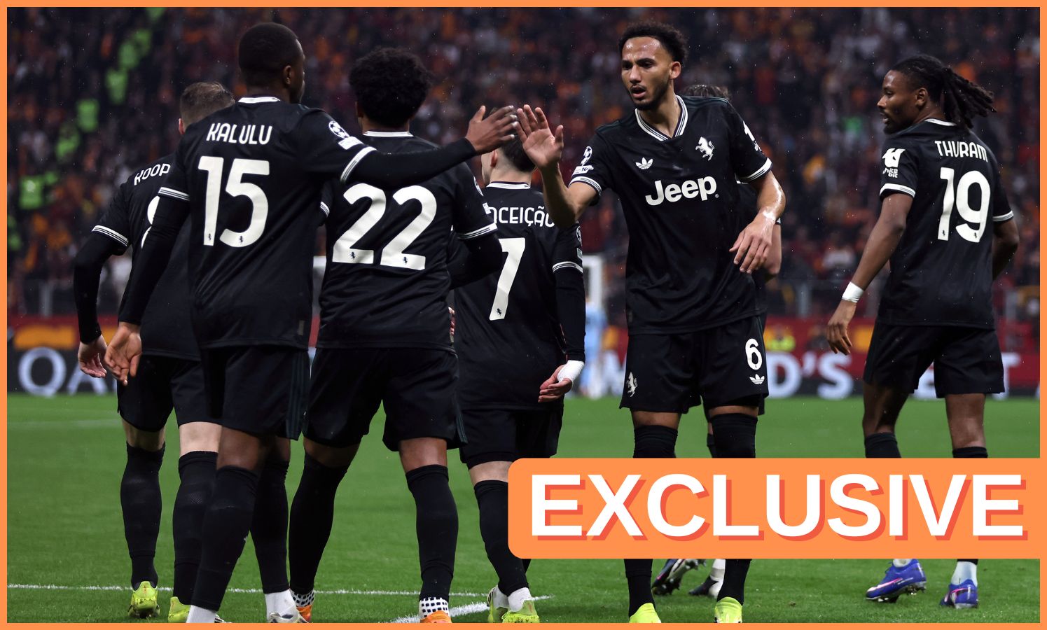 Pierre Kalulu with his Juventus teammates, plus 'exclusive' banner