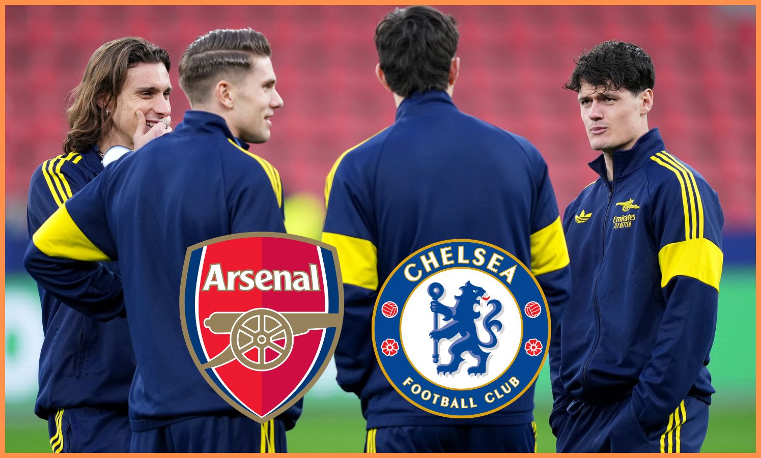 Riccardo Calafiori chats with his Arsenal teammates pre-match