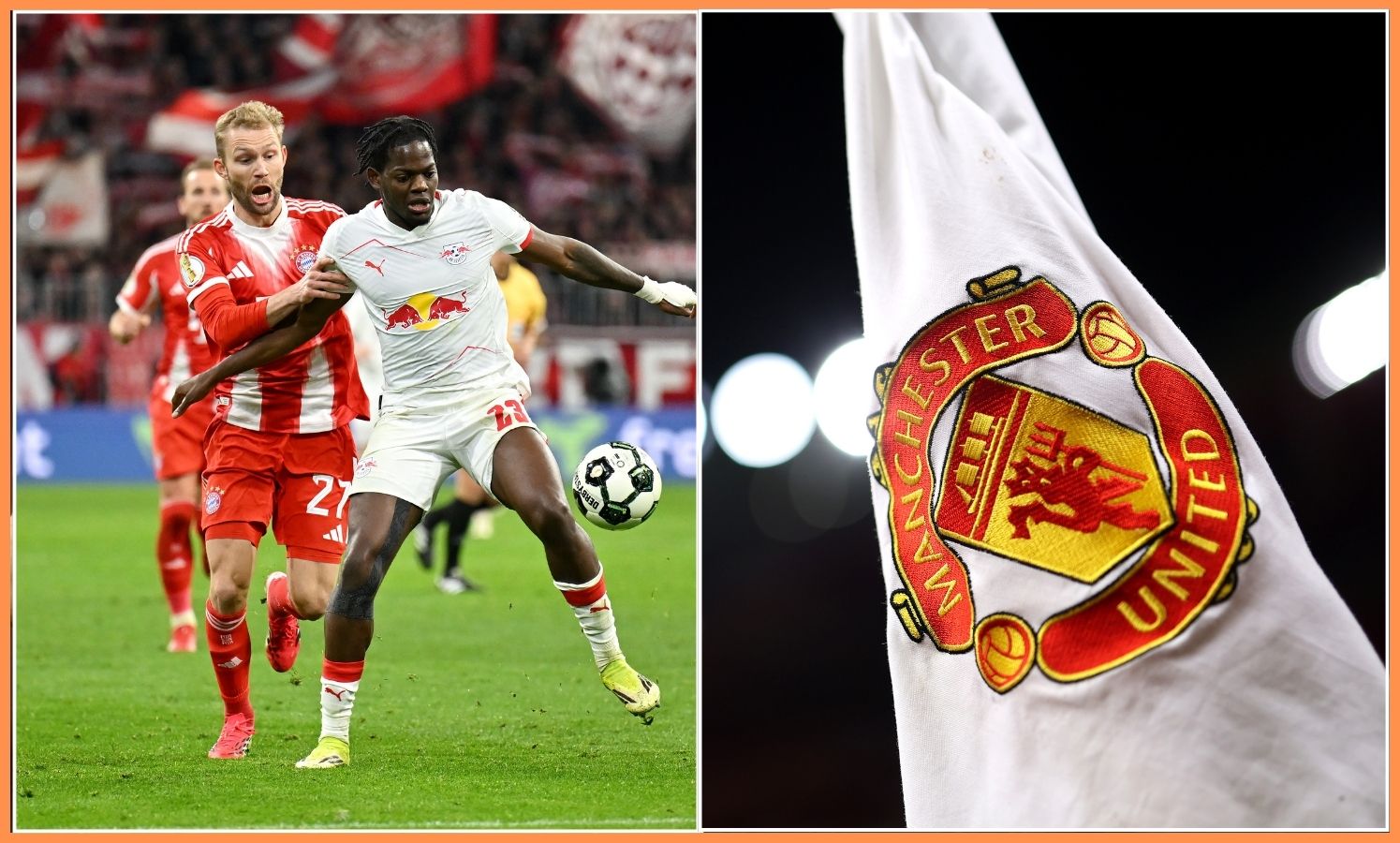 Castello Lukeba in action for RB Leipzig, and Man United logo