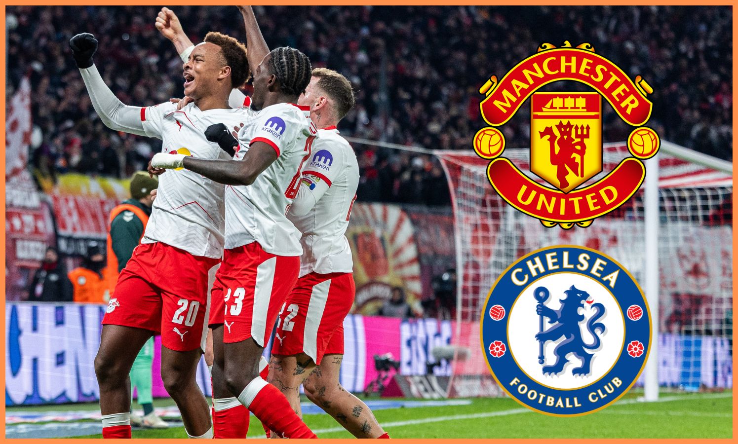Assan Ouedraogo of RB Leipzig celebrates with teammates scoring his team's first goal during the Bundesliga match between RB Leipzig and SV Werder Bremen at Red Bull Arena