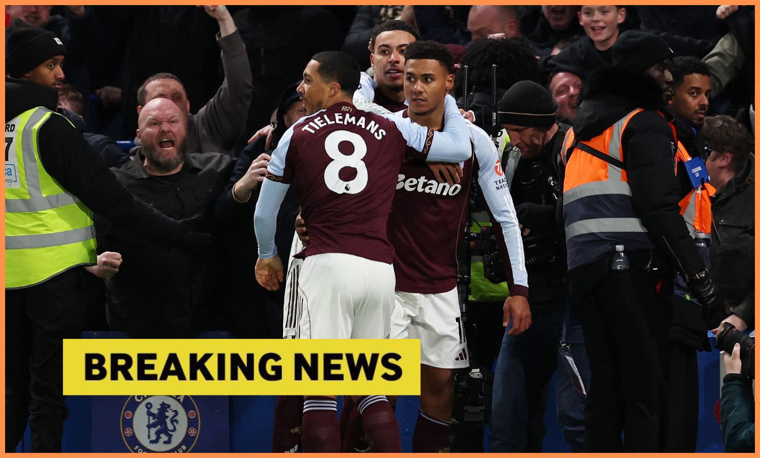 Youri Tielemans, Morgan Rogers, and Ollie Watkins celebrate during Aston Villa's win over Chelsea