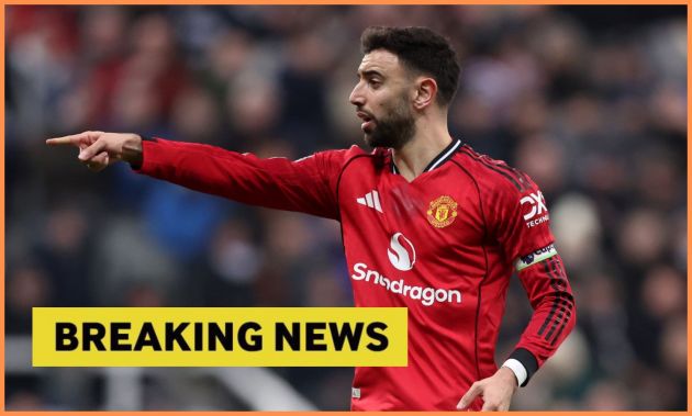 Bruno Fernandes in action for Man United and 'breaking news' banner