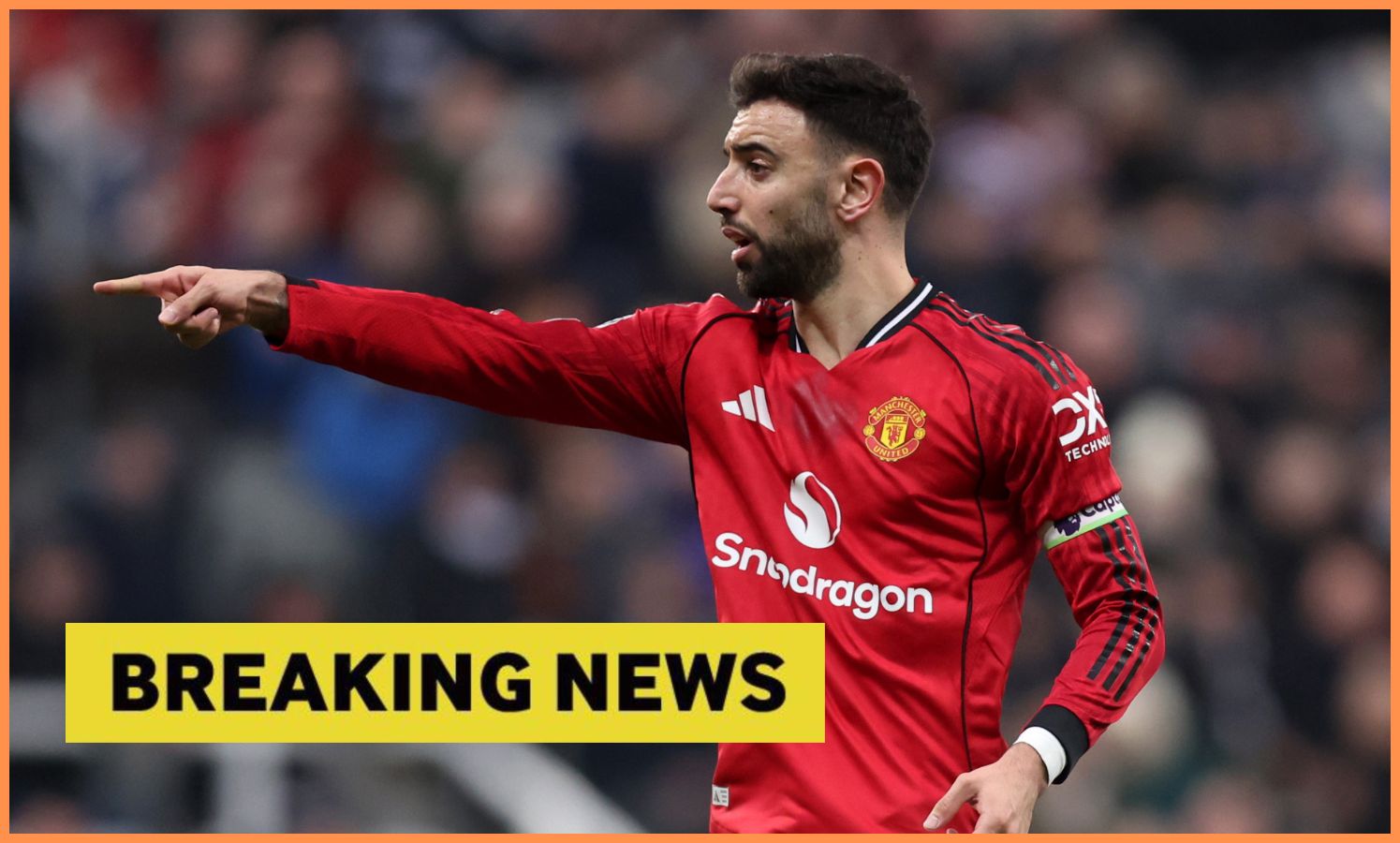 Bruno Fernandes in action for Man United and 'breaking news' banner