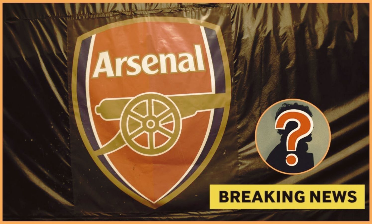 Arsenal badge with overlay of mystery player and breaking news