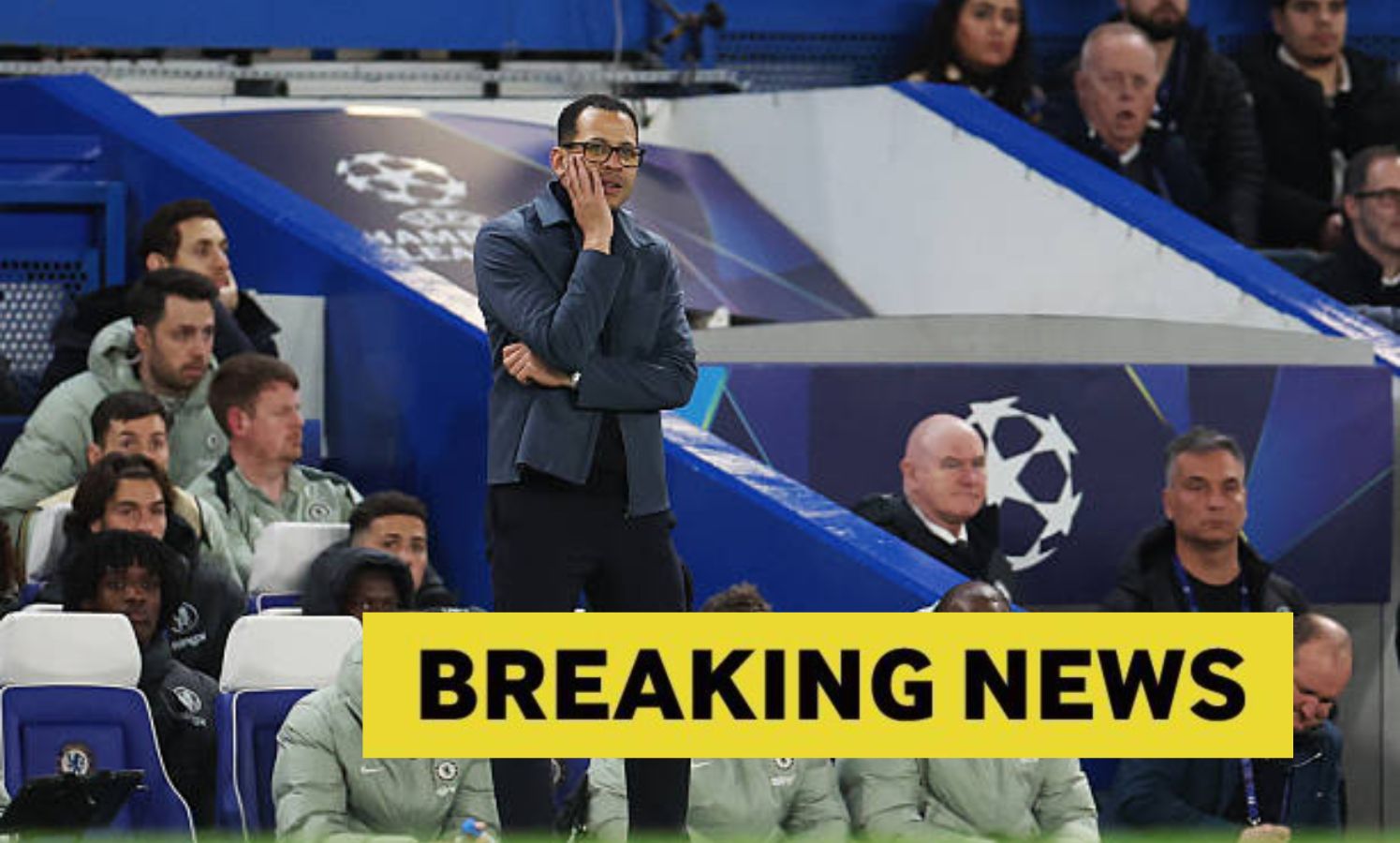 Chelsea manager Liam Rosenior with overlay of Breaking News