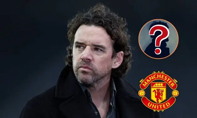 Owen Hargreaves looks on with overlay of mystery players and man united badge