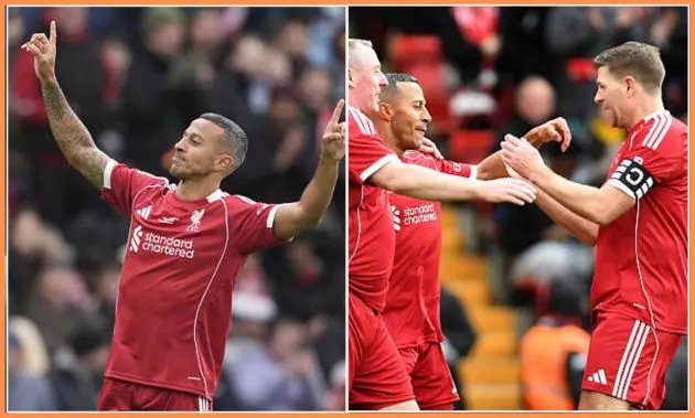 Split image of Thiago Alcantara and Steven Gerrard celebrating with Thiago