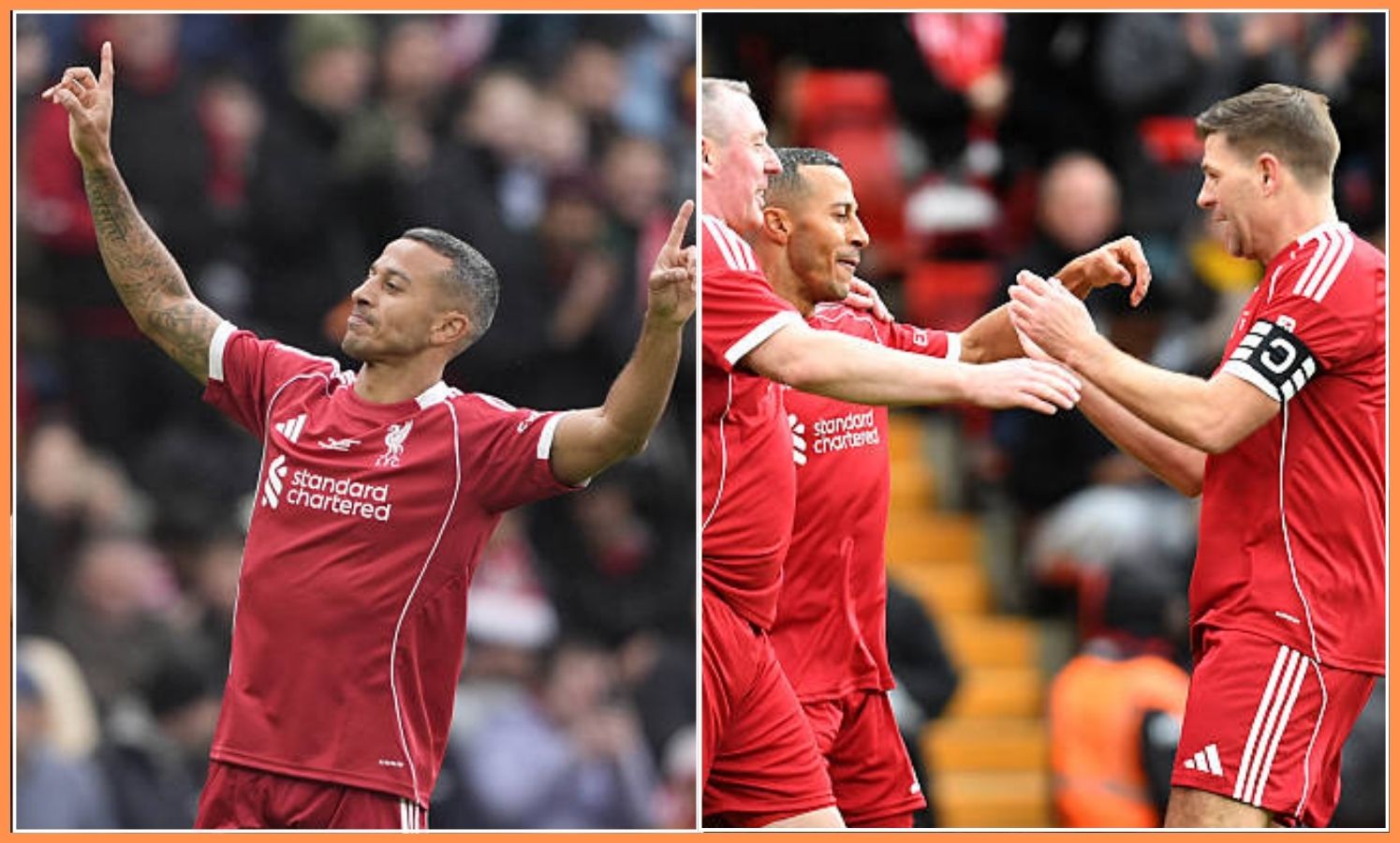 Split image of Thiago Alcantara and Steven Gerrard celebrating with Thiago
