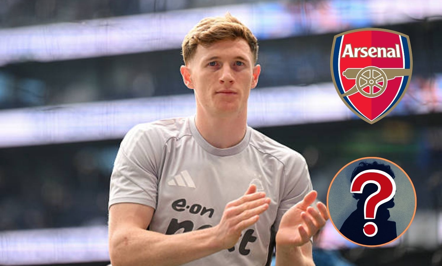 Elliot Anderson with overlay of Arsenal logo