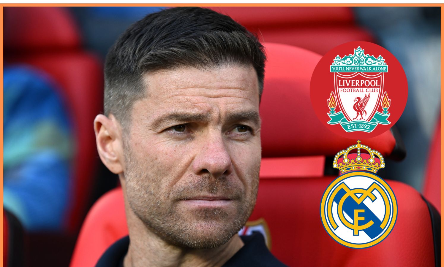 Xabi Alonso looks on, plus Liverpool and Real Madrid badges