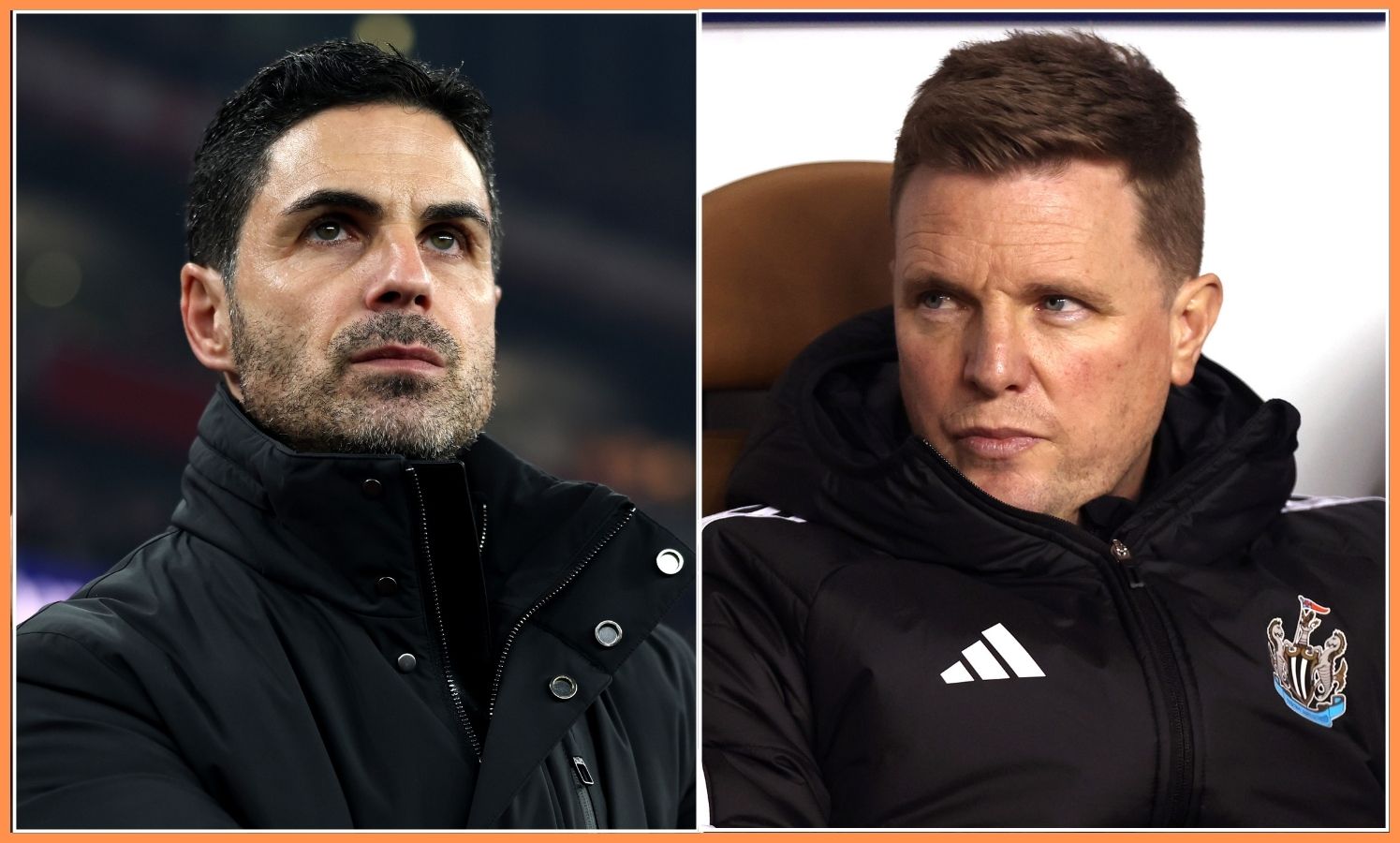 Arsenal manager Mikel Arteta and Newcastle manager Eddie Howe