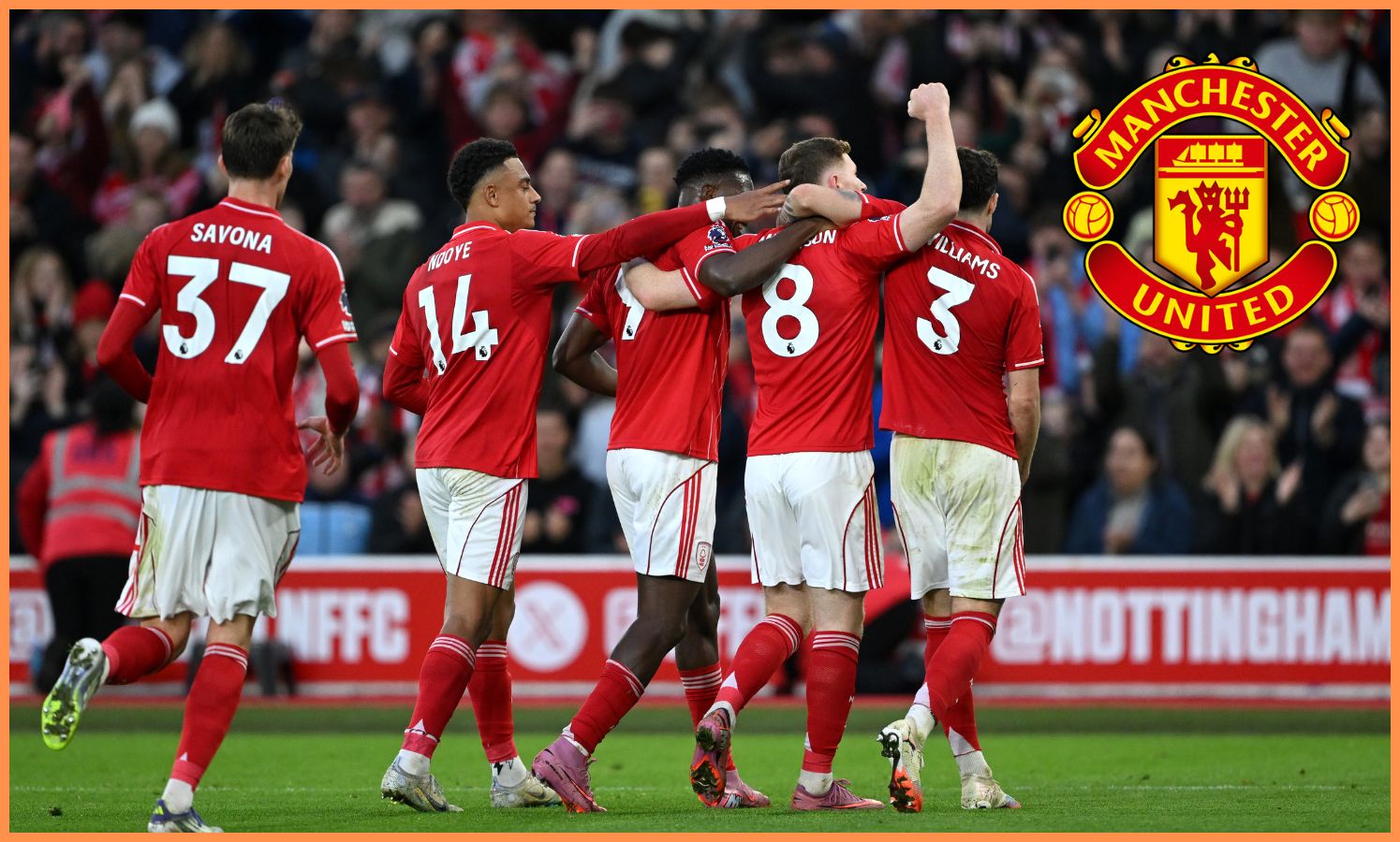 Elliot Anderson celebrates with his Nottingham Forest teammates