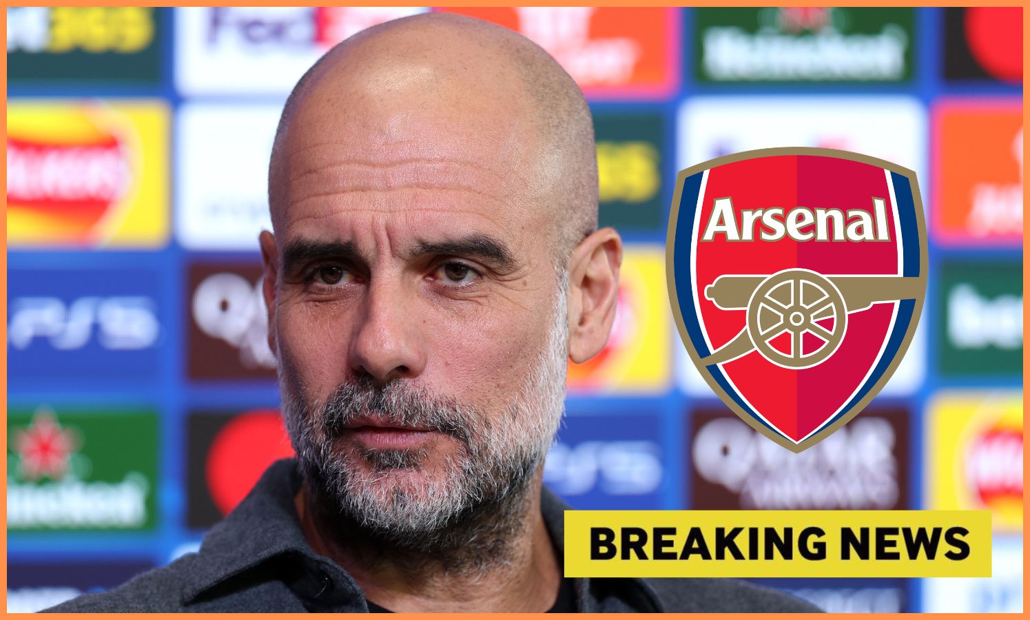 Pep Guardiola and the Arsenal logo