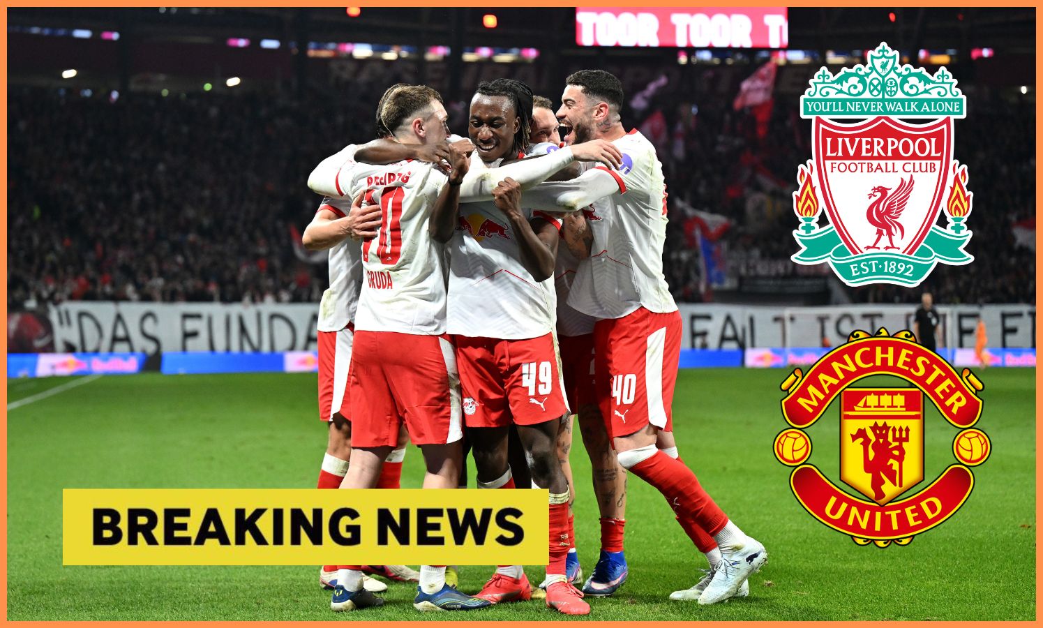 Yan Diomande celebrates, plus Liverpool and Man United logos