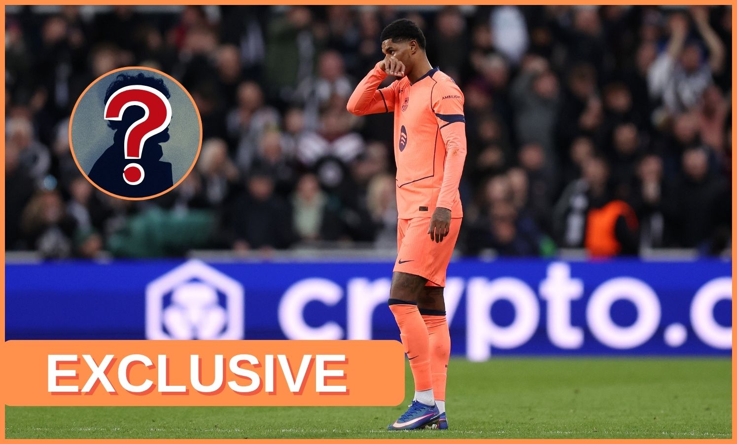 Marcus Rashford in action for Barcelona, and 'exclusive' banner