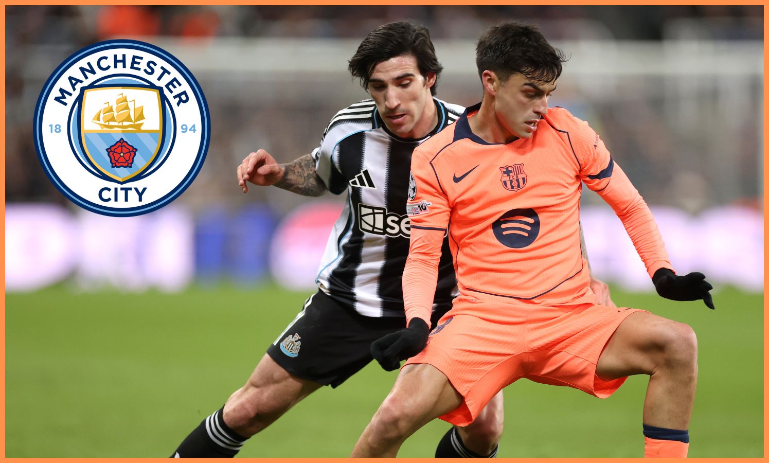 Sandro Tonali in action for Newcastle against Barcelona's Pedri