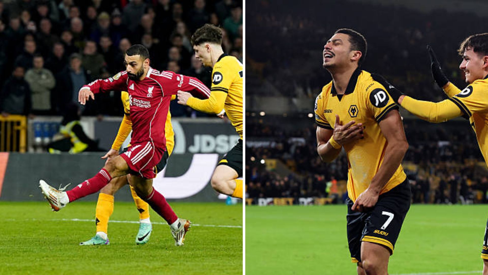 Split image of Mo Salah scoring vs Wolves and Andre scoring winner for Wolves vs Liverpool