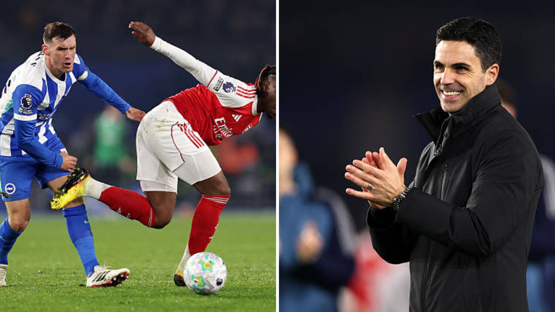 Split image of Pascal Gross in action and Mikel Arteta