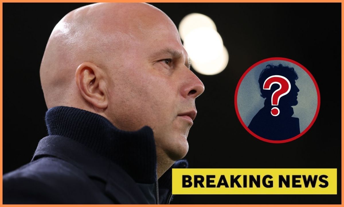 Arne Slot with overlay of mystery player and breaking news