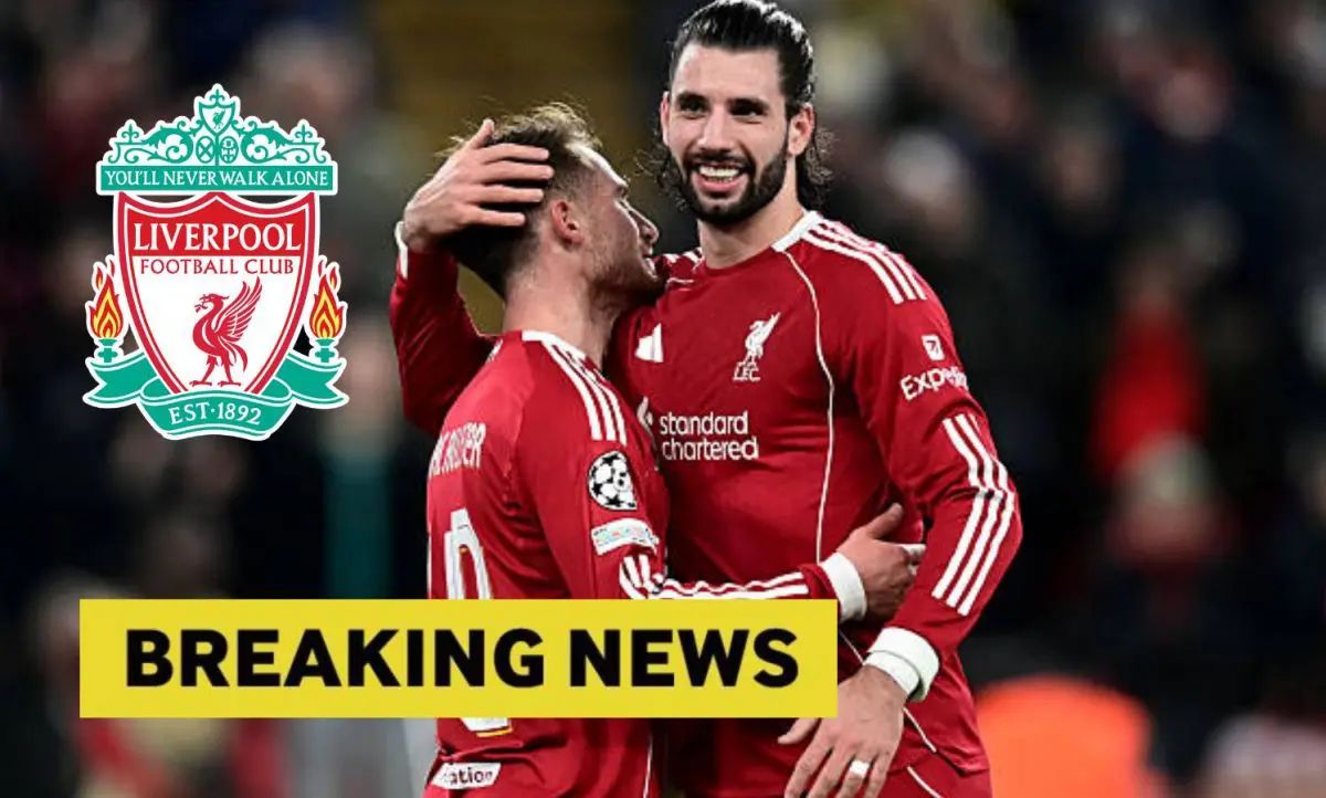 Alexis Mac Allister and Dominik Szoboszlai with overlay of Liverpool badge and Breaking News
