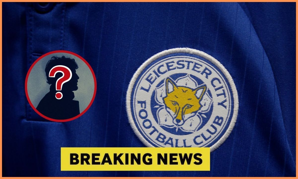 Leicester City flag with overlay of mystery player and breaking news