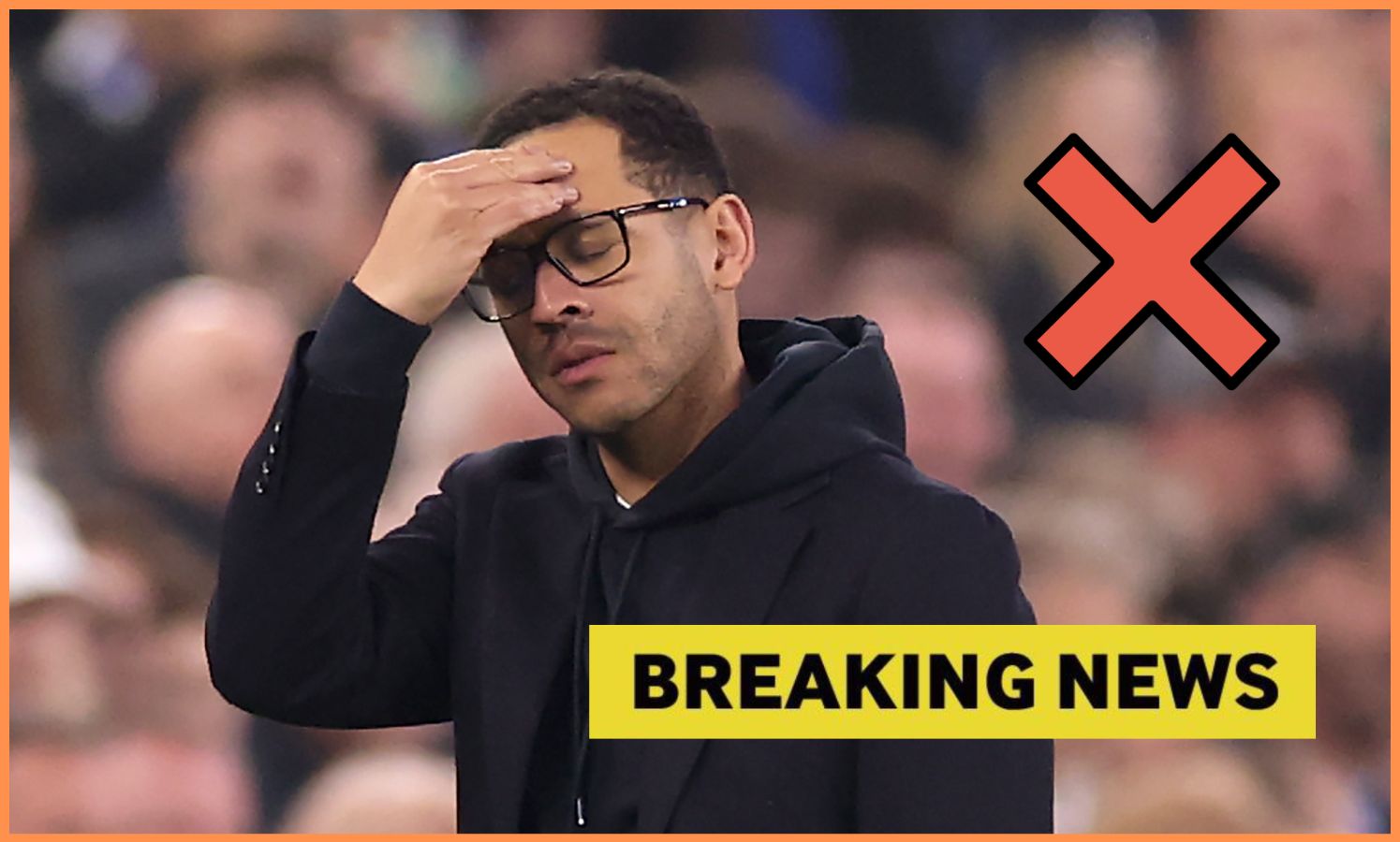 Liam Rosenior and 'breaking news' banner