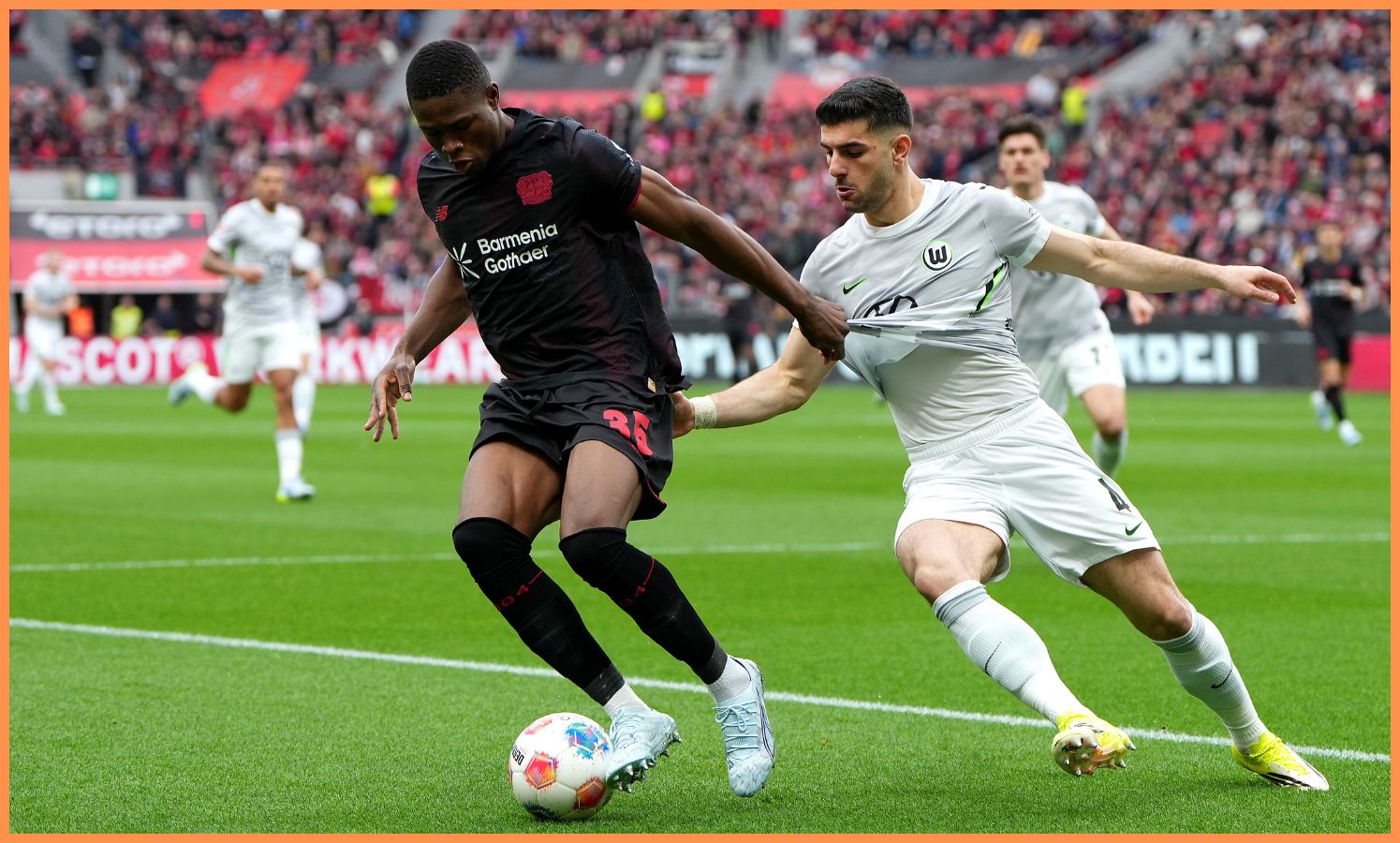 Christian Kofane in action for Leverkusen against Wolfsburg