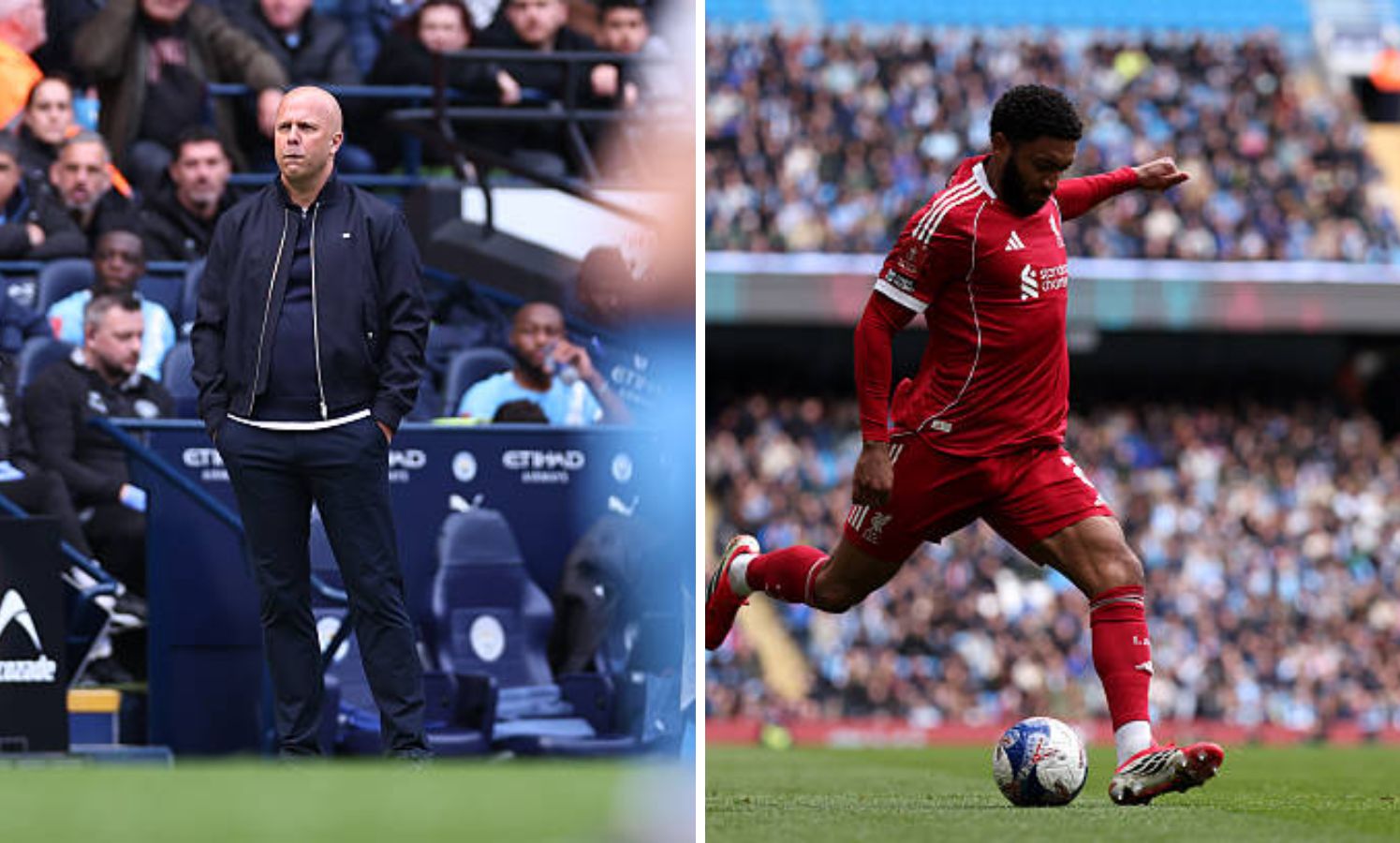Split image of Arne Slot and Joe Gomez in action during Liverpool vs Manchester City