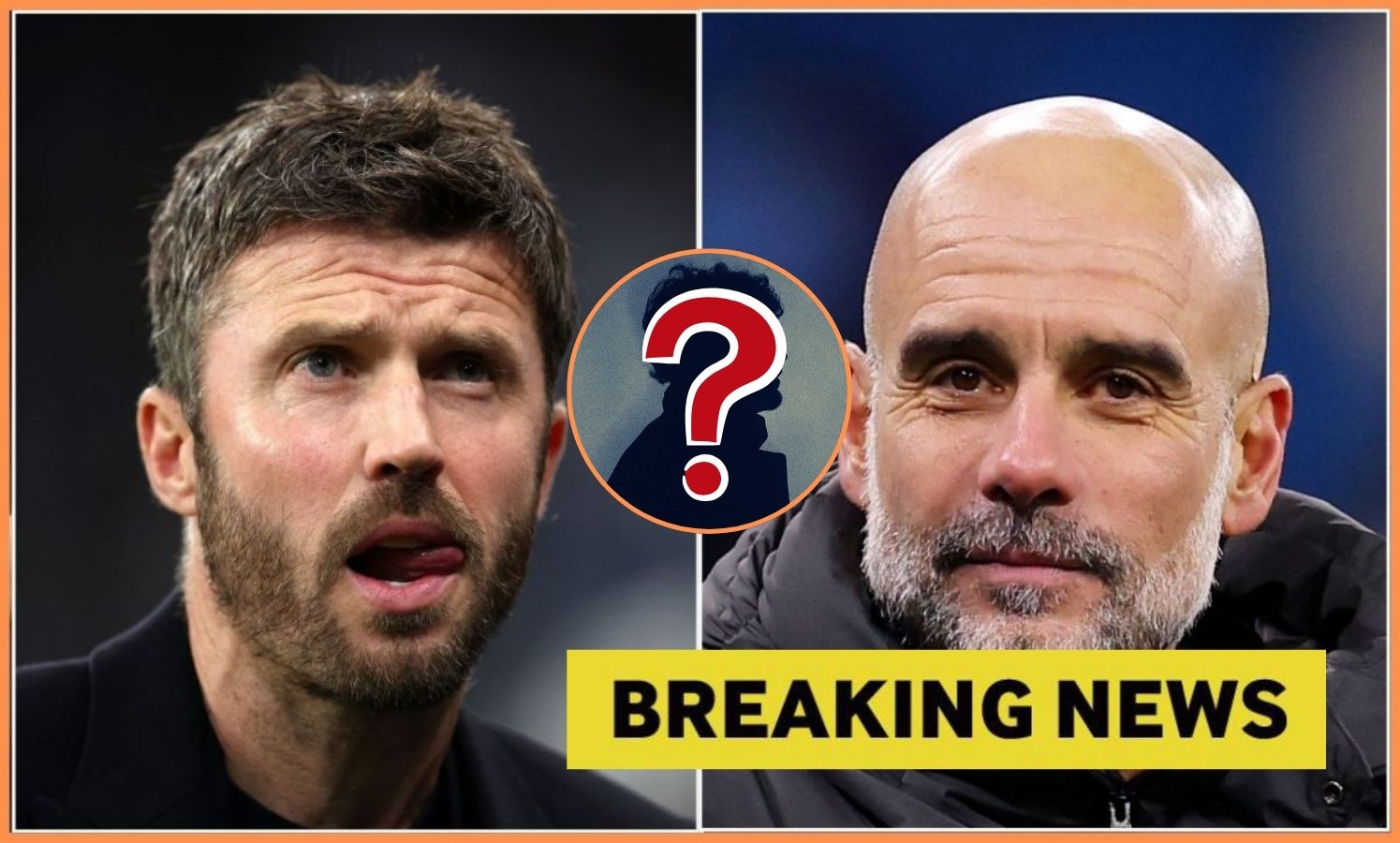 Split image of Pep Guardiola and Michael Carrick with overlay of mystery player