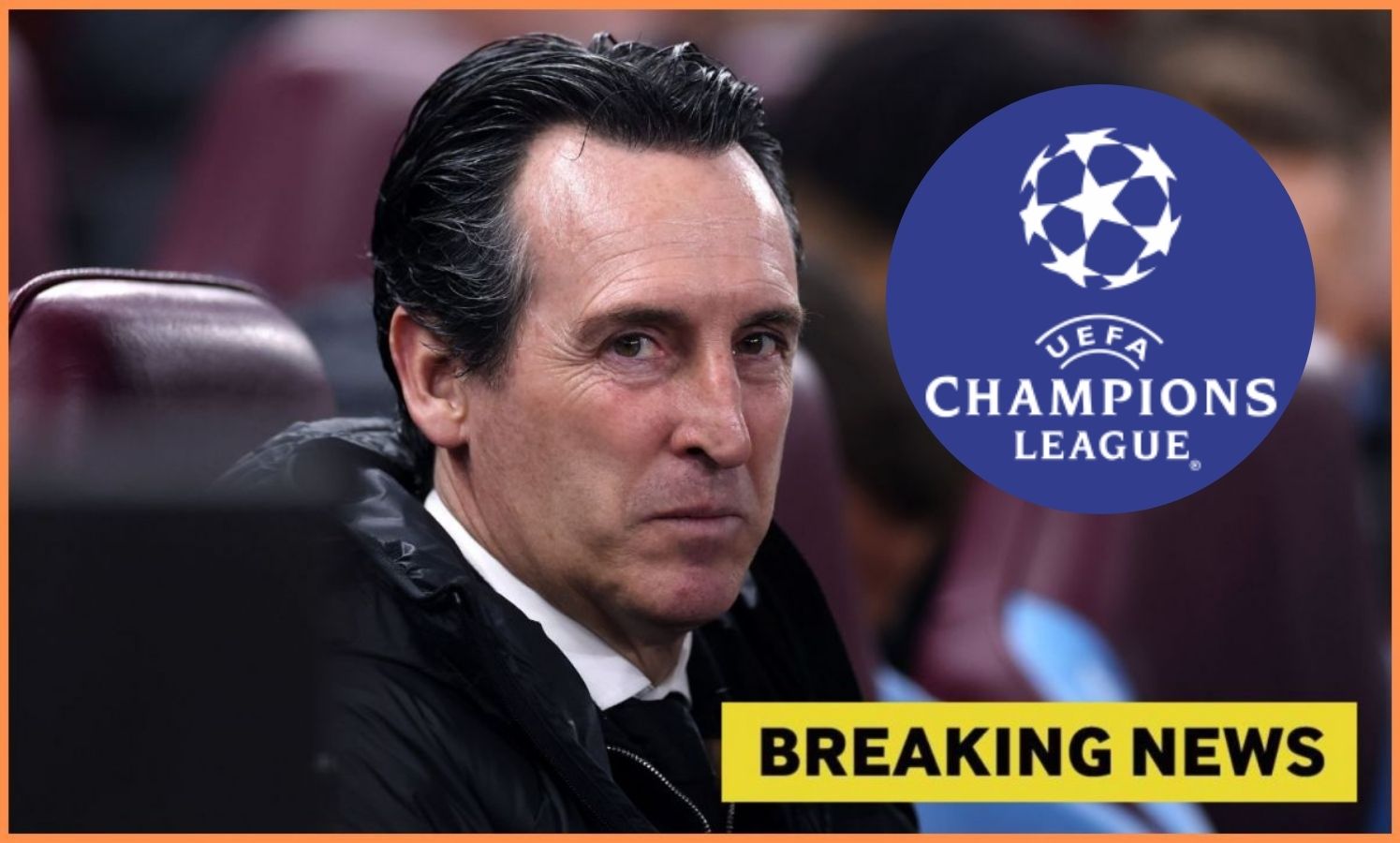 Aston Villa manager Unai Emery looks on during the win vs Lille with overlay of breaking news and champions league badge