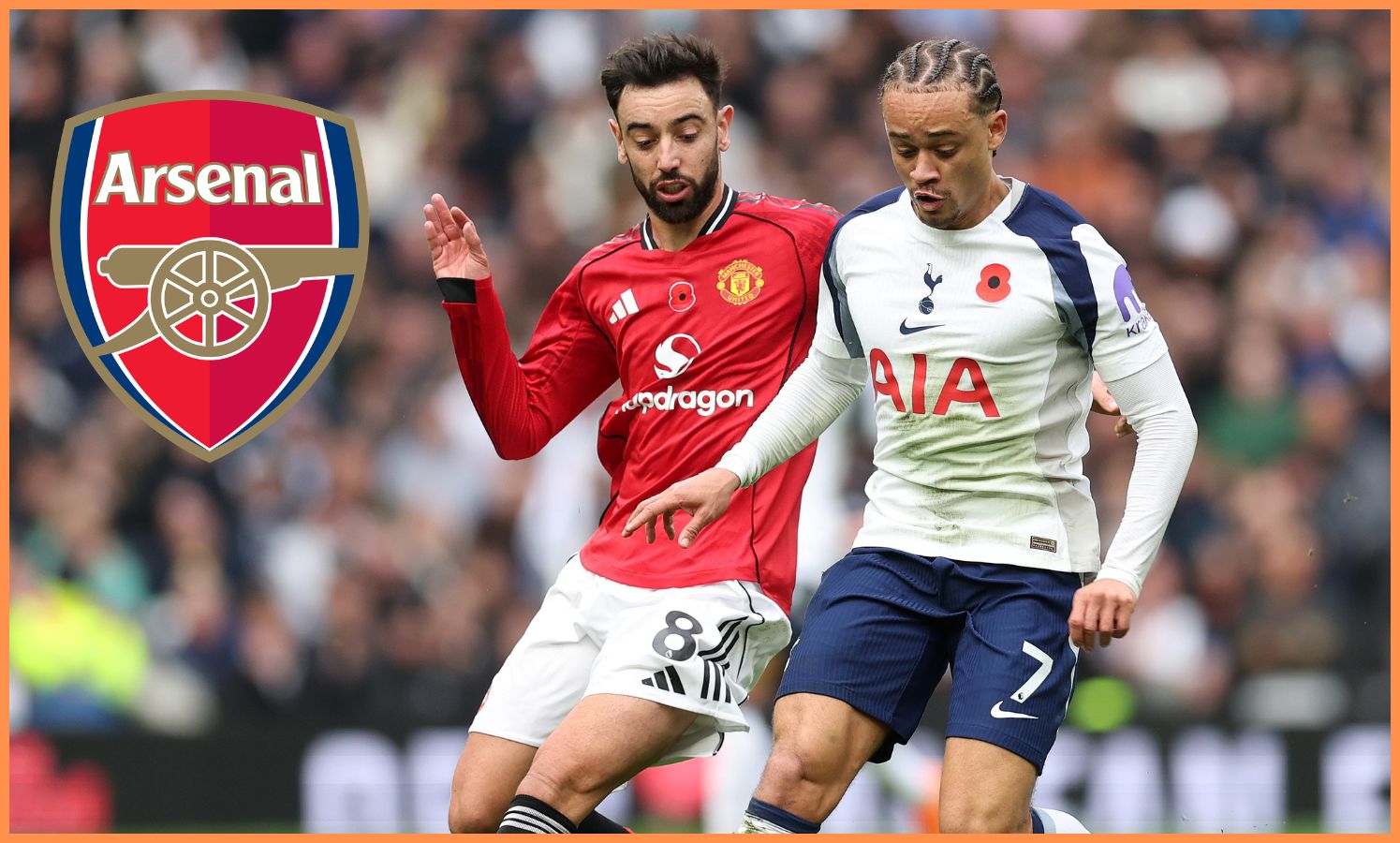Xavi Simons in action for Tottenham against Man United's Bruno Fernandes
