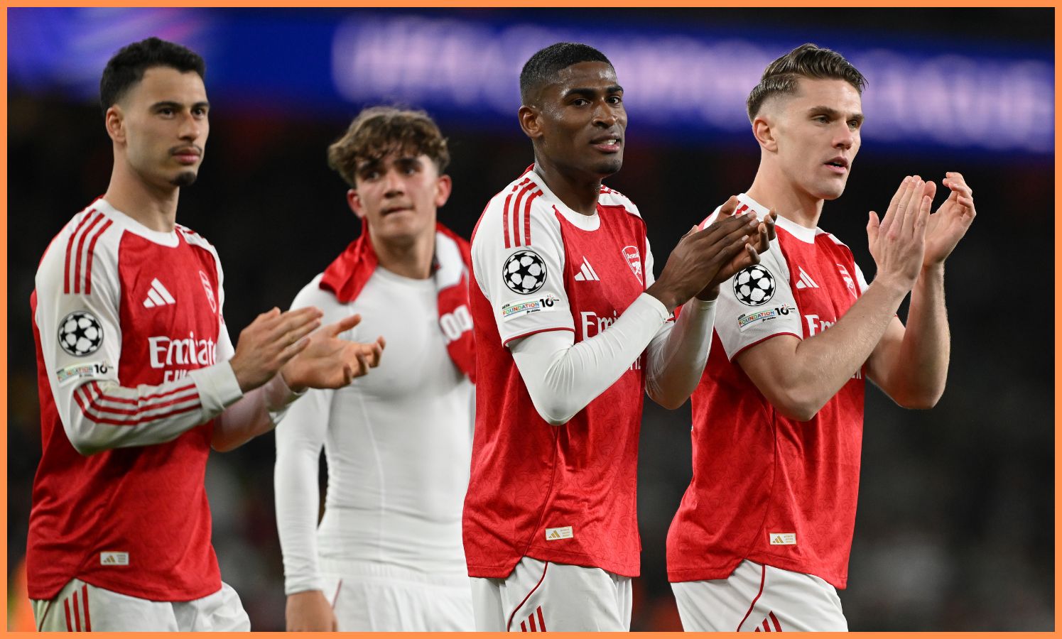 Gabriel Martinelli, Cristhian Mosquera, and Viktor Gyokeres applaud the Arsenal fans