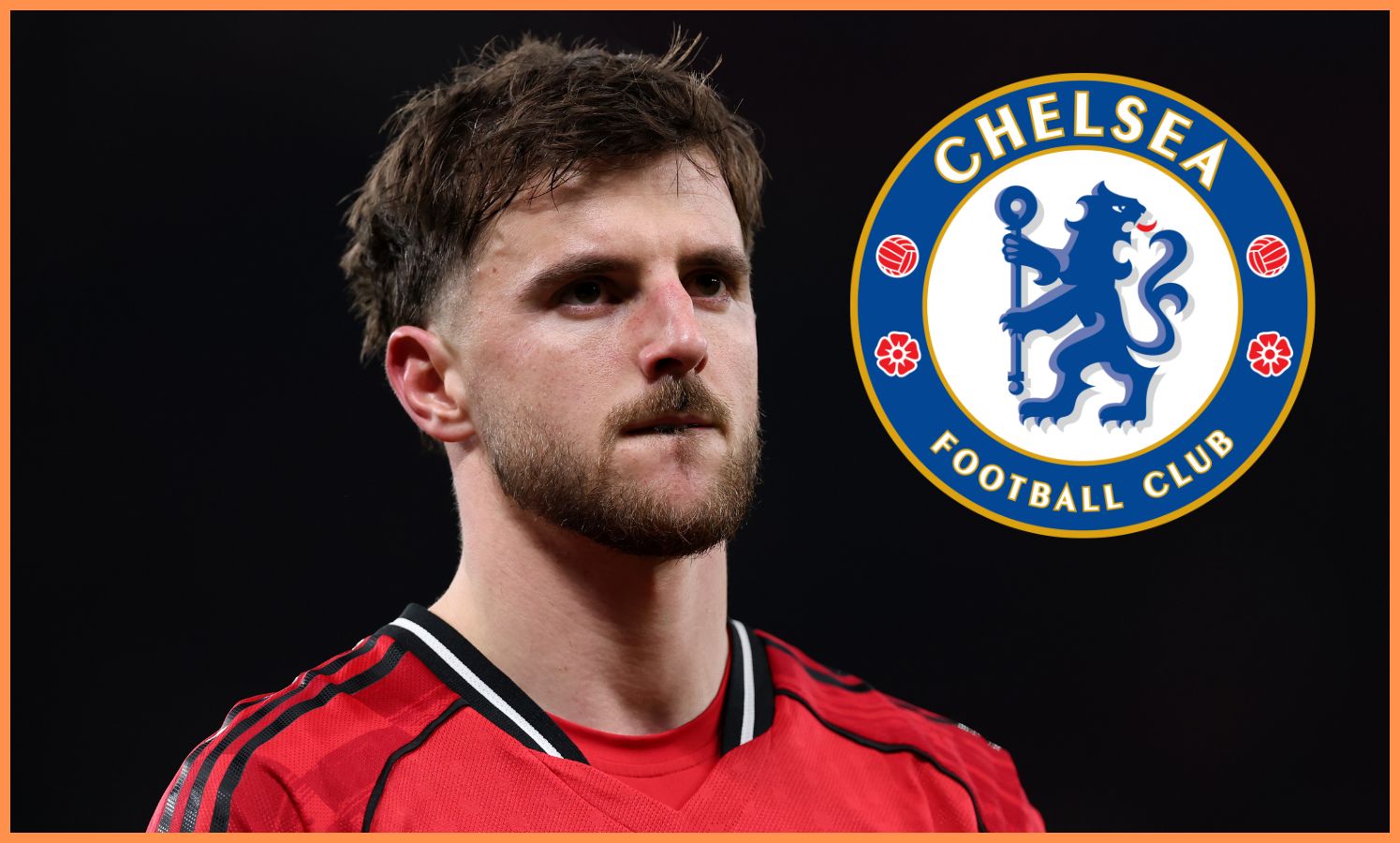 Mason Mount and the Chelsea logo
