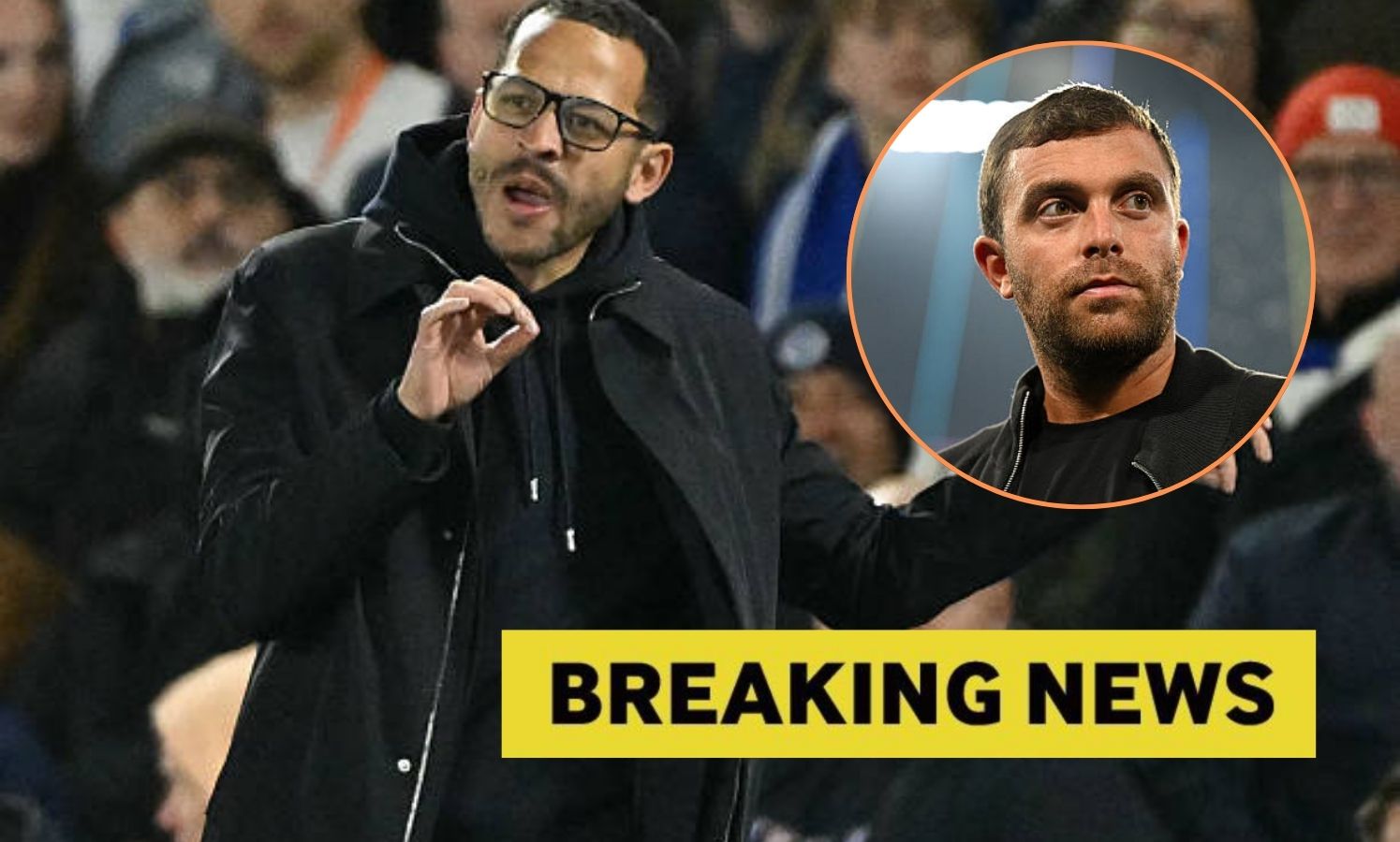 Chelsea boss Liam Rosenior with overlay of Fabrizio Romano and breaking news