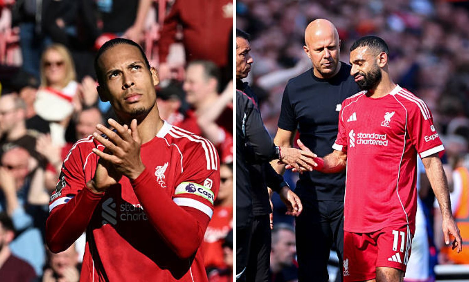 Split image of Virgil van Dijk applauding fans vs Crystal Palace and Salah injured against Crystal Palace
