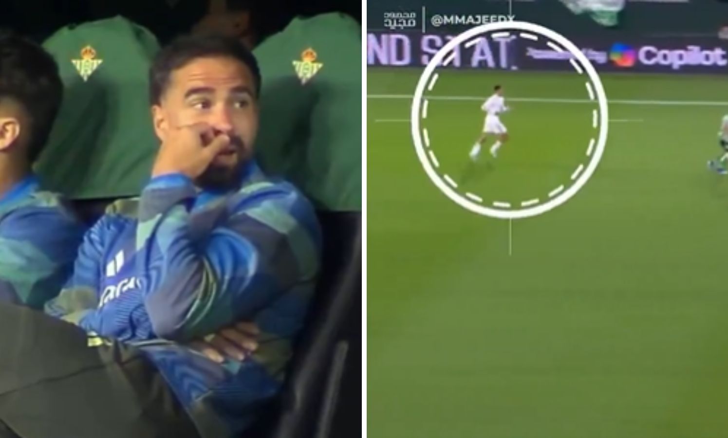 Split image of Dani Carvajal's reaction to Trent's defending