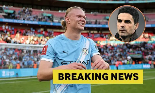 Erling Haaland with overlay of Arteta