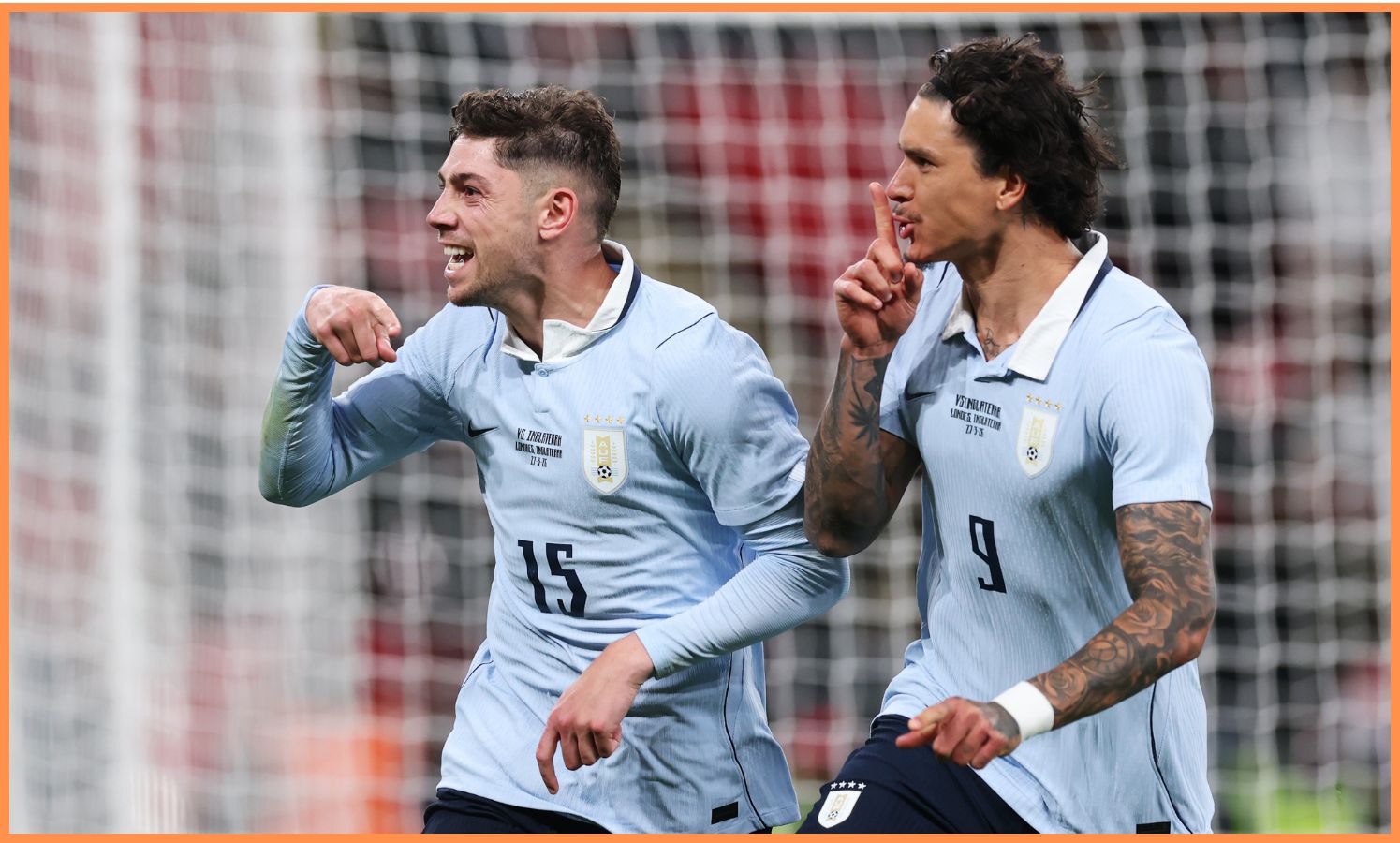 Darwin Nunez and Federico Valverde celebrate for Uruguay against England