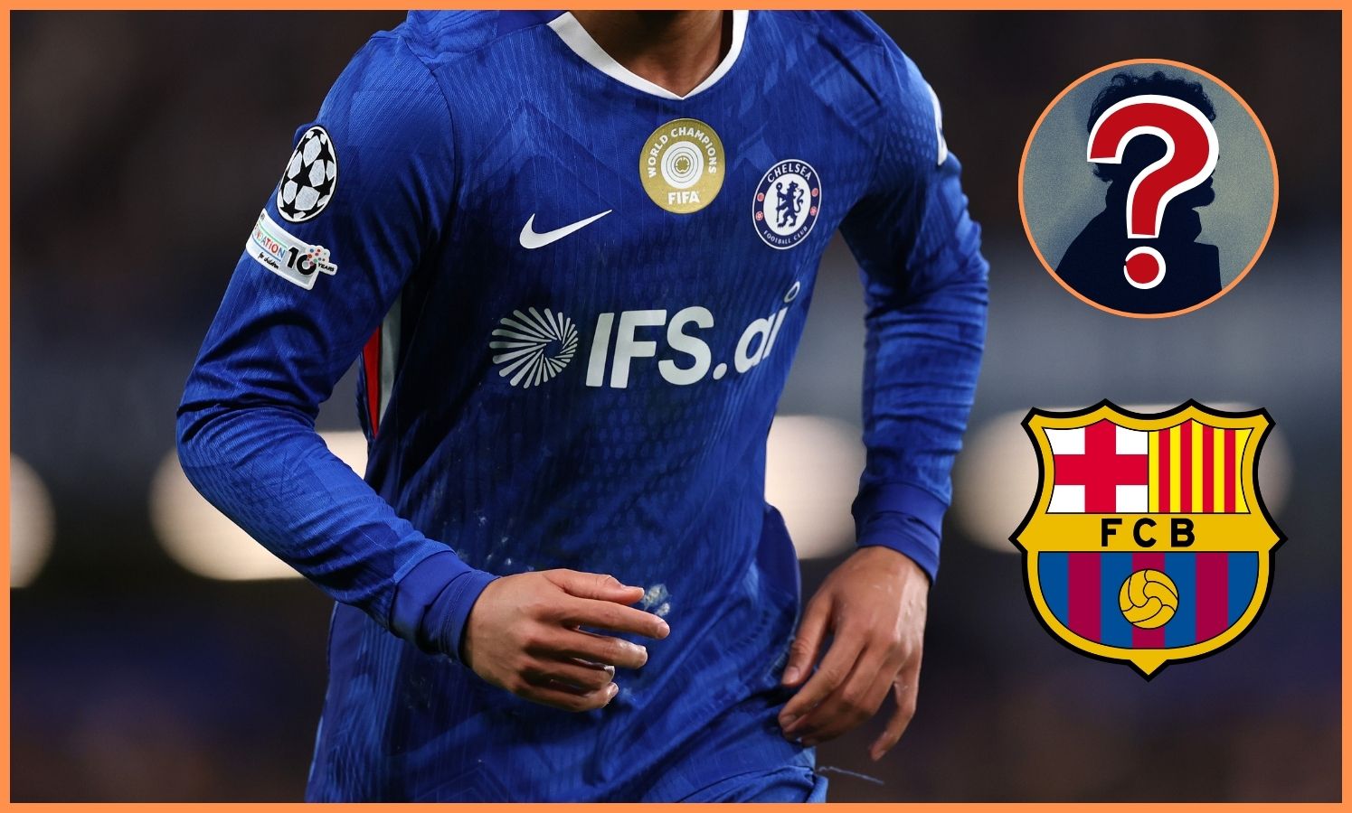 Joao Pedro in action for Chelsea, and Barcelona logo