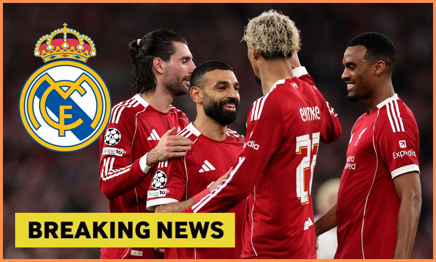 Liverpool players celebrate, and breaking news banner