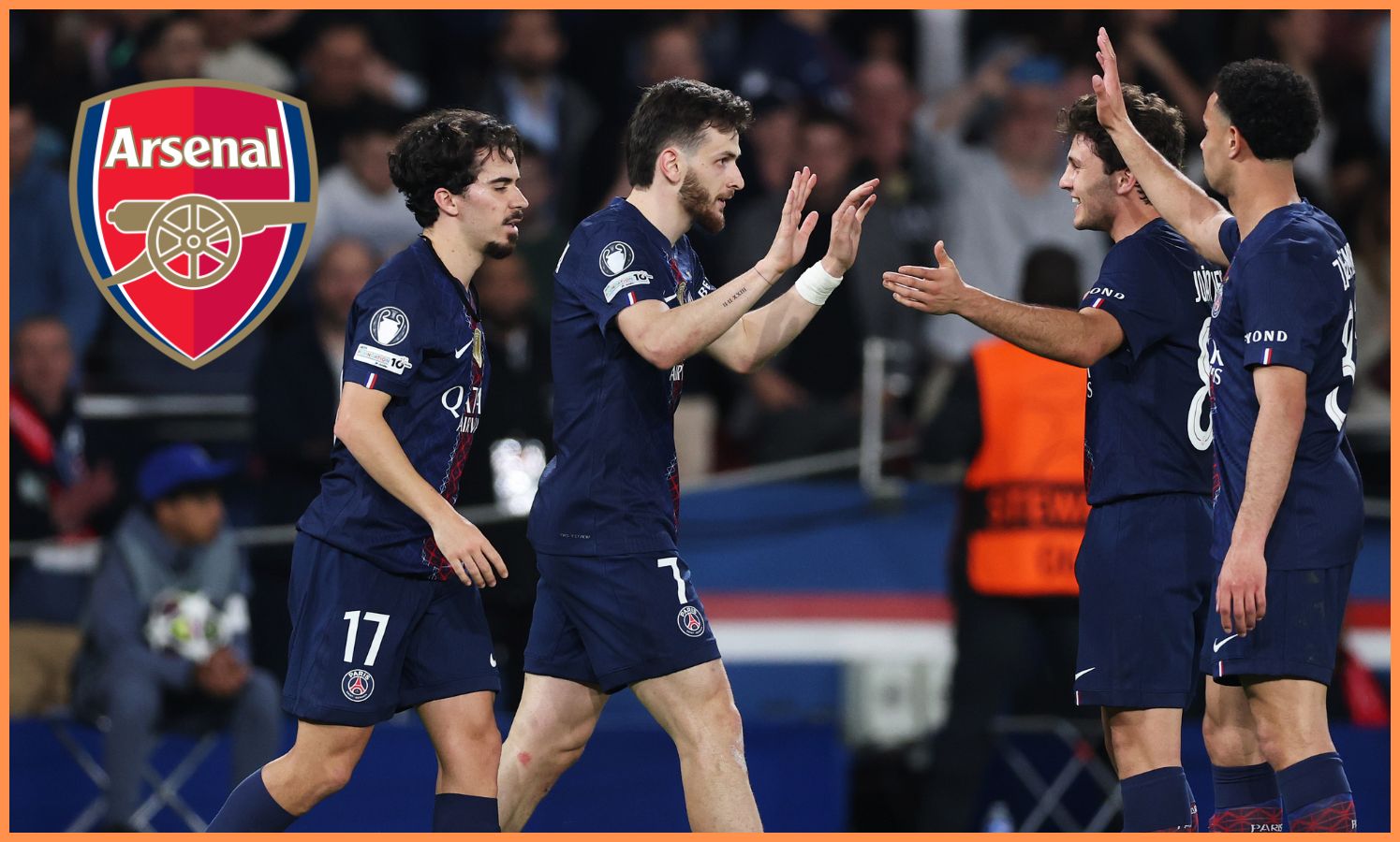 Khvicha Kvaratskhelia celebrates with his PSG teammates in the win over Liverpool