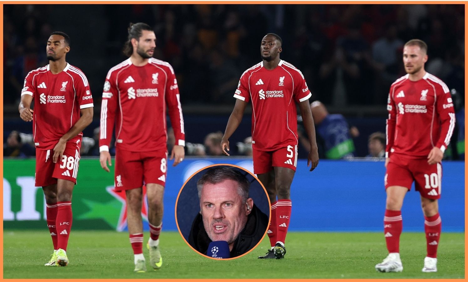 Ibrahima Konate reacts during Liverpool's defeat against PSG